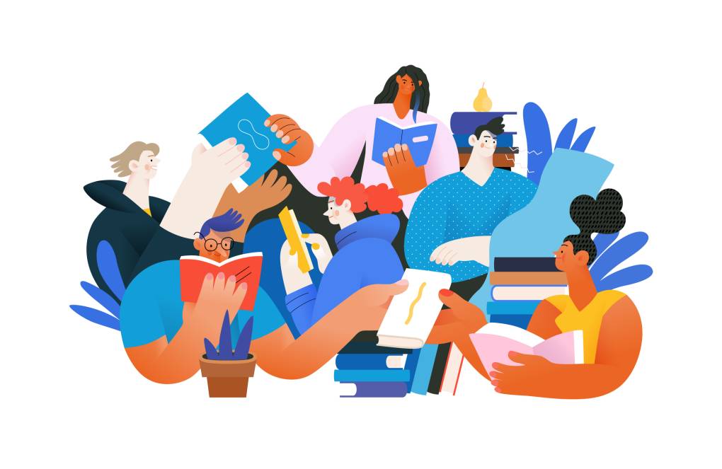 Illustration of multiple people with different skin tones and genders reading.