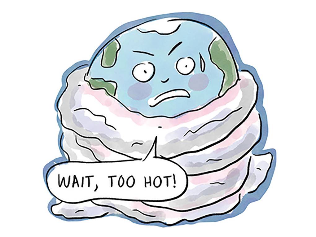 An Earth is choked by a scarf of CO2 emissions and saying, "wait, too hot!"