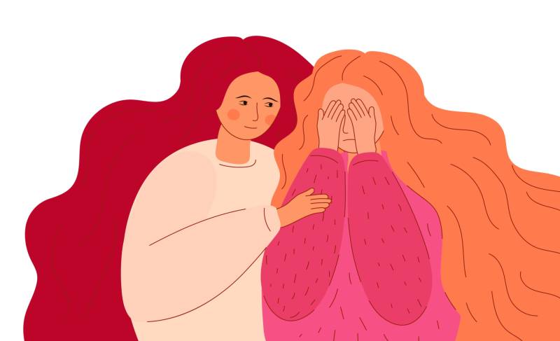 Illustration of a woman crying and another woman comforting her.