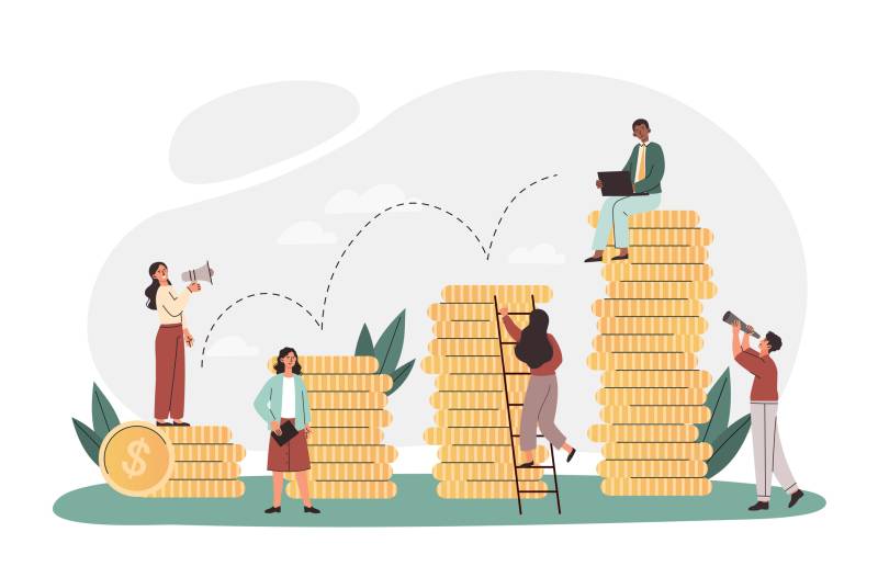 Investment management concept. Men and girls near large piles of coins, company or organization. Financial literacy and passive income, increase in earnings. Cartoon flat vector illustration