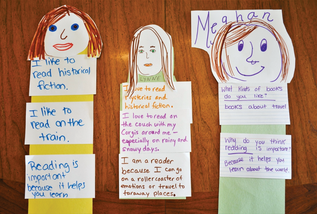 Examples of reading autobiographies displayed on a classroom door: each has a head drawn at the topi with a student name, and below in multiple blocks of handwritten text, students wrote autobiographical details about themselves related to reading, such as 