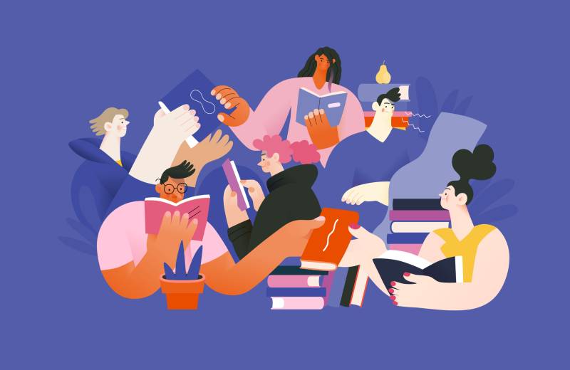 illustrations of reading people - a group of men and women reading and sharing books and e-books on tablets sitting surrounded by plants