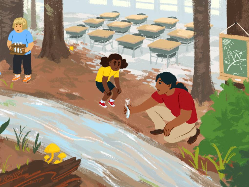 Illustration: In foreground a teacher collects water samples with a students at a creek. In background rows of classroom desks.
