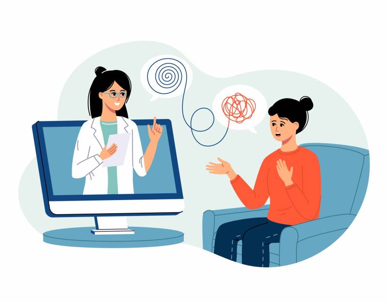 illustration of a doctor in a computer talking to a girl with a tangled cloud above her head
