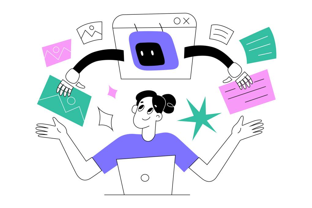 Illustration of a computer bot handing a person images and files