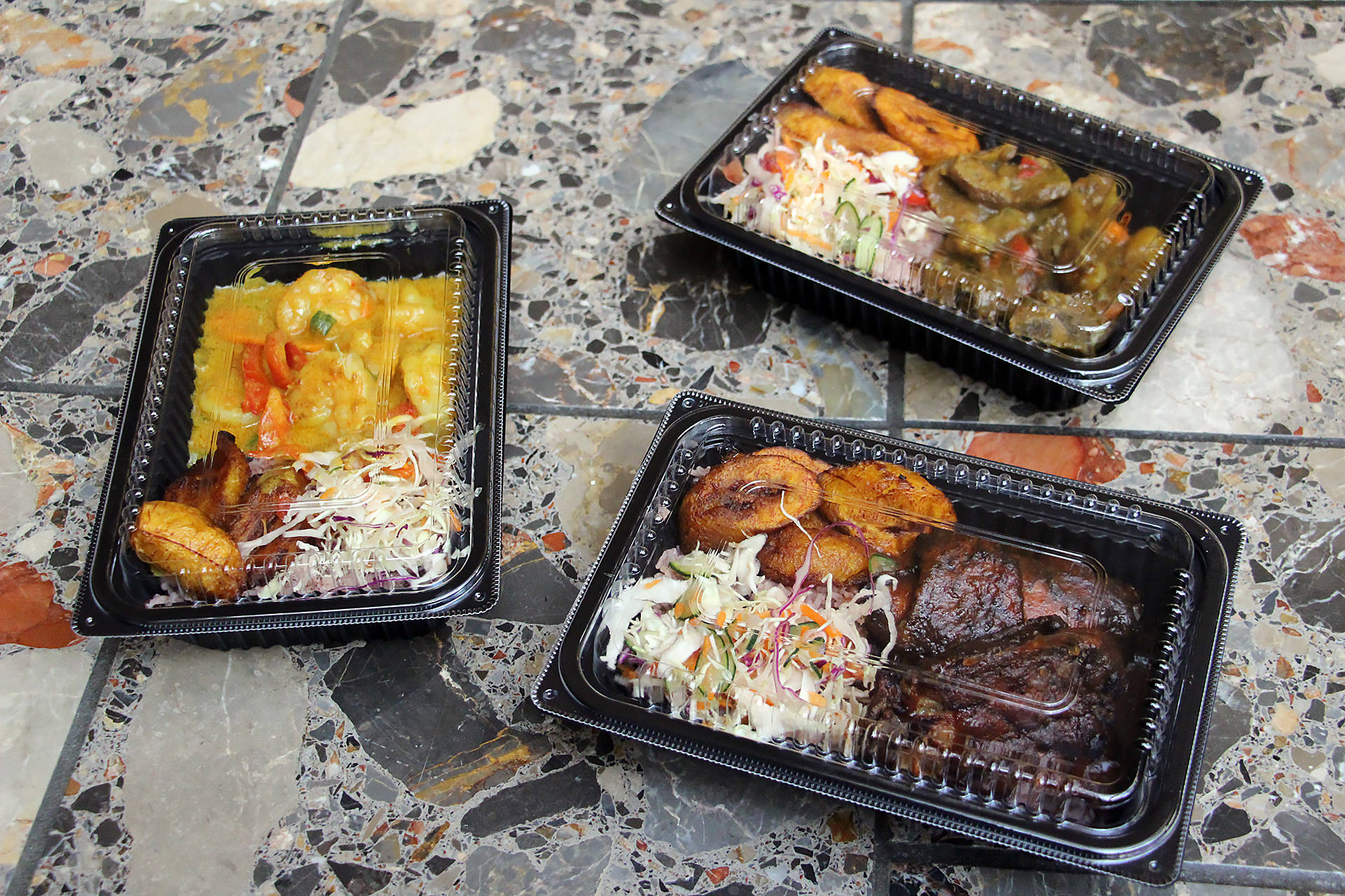 Curry Shrimp, Curry Goat and Jerk Chicken from  Scotch Bonnet. Wendy Goodfriend