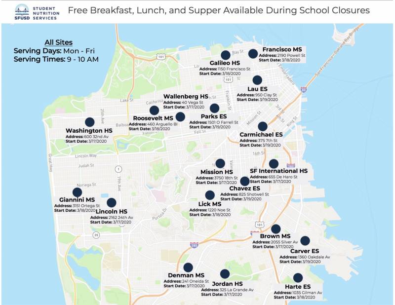 An updated map of grab-and-go sites for school aged students in San Francisco. 