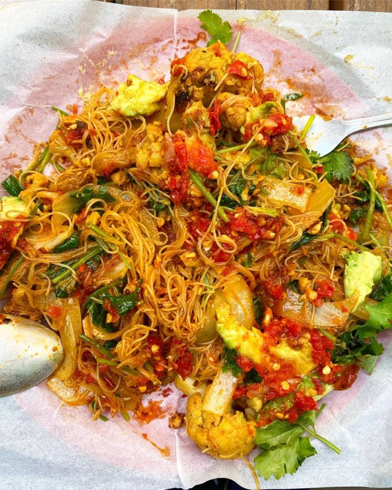 S+M Vegan's take on Singapore beehoon with vegetables and fresh chili sambal.