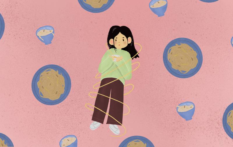 illustration of a woman wrapped in noodles with bowls of noodles around her