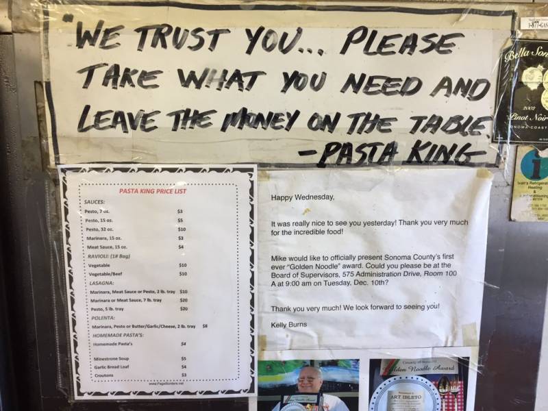 A sign on the Pasta King's refrigerator instructed visitors to leave cash for their purchases.