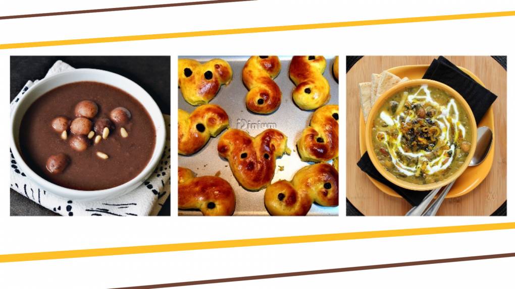 Winter Solstice traditions around the world include (L–R) patjuk bean soup, lussekatt buns and ash soup.