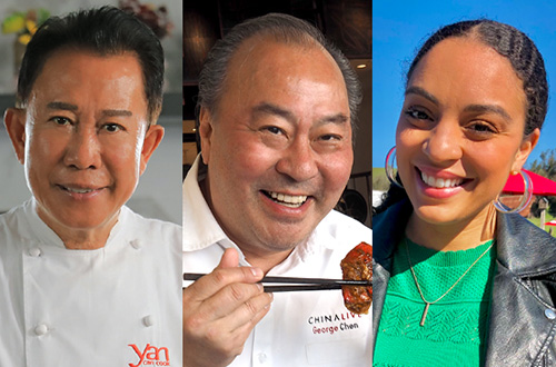 Martin Yan smiling, George Chen smiling and holding chopsticks, and Cecilia Phillips smiling