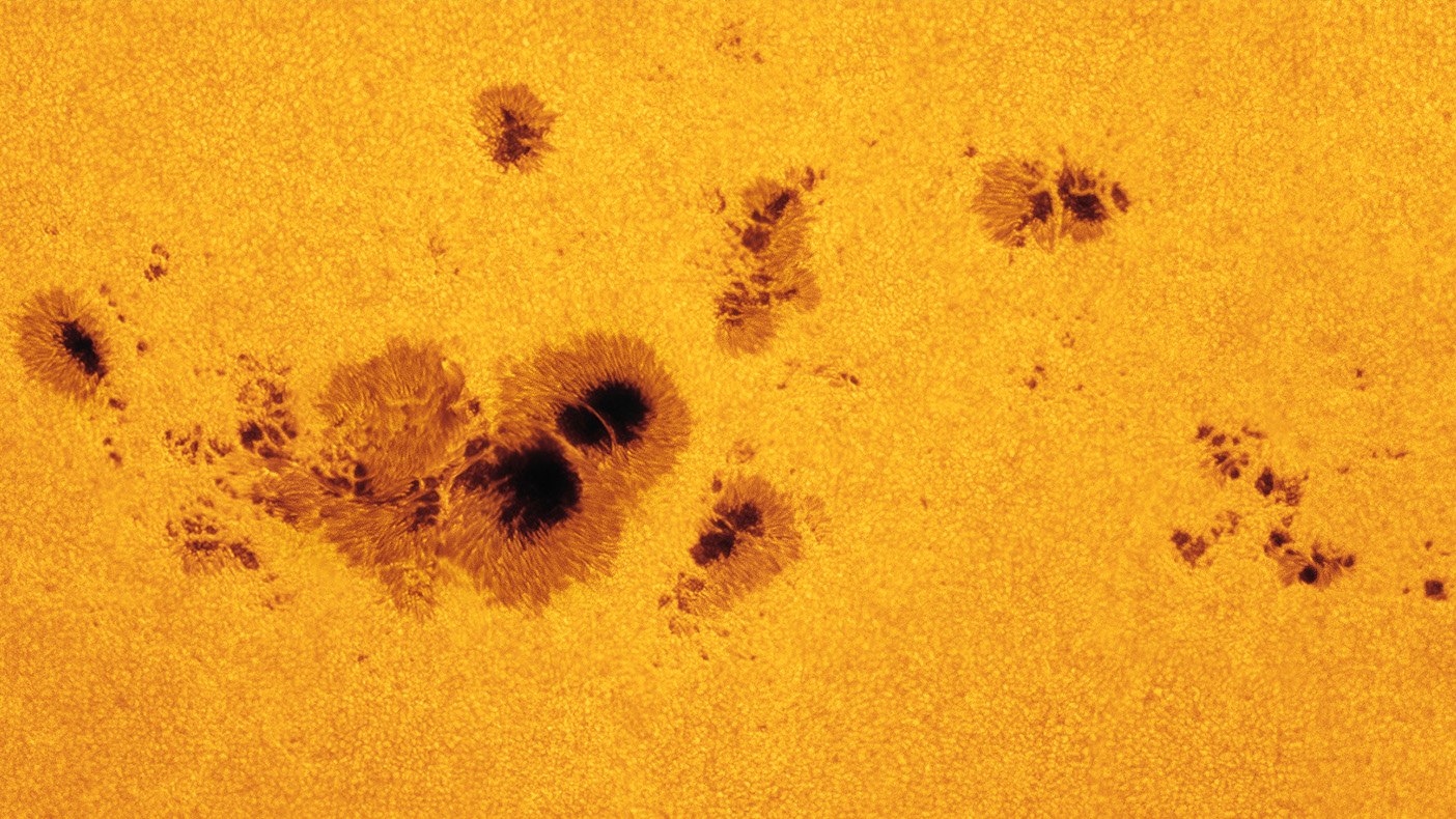 This groups of sunspots was photographed on July 10, 2012. The largest spot is 11 times the size of Earth. Alan Friedman/NASA