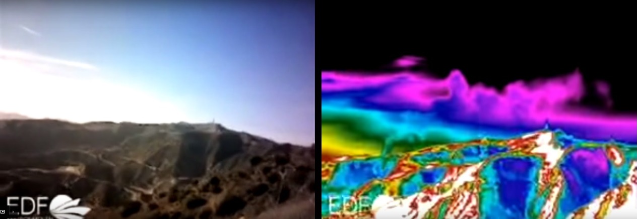 The methane pouring from the leak at the Aliso Canyon natural gas storage facility isn't visible to the naked eye (Left), but is seen here in an infrared photo (Right) as the green plume coming up from the hillside.  <a href="https://www.youtube.com/watch?v=aO8HraNes9w" target="_blank">Environmental Defense Fund</a>