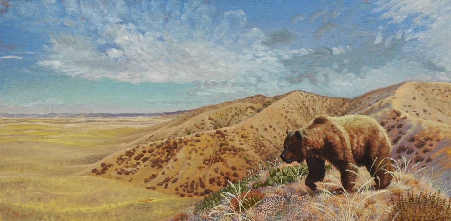 A California Grizzly prowls the San Fernando Valley before European settlement, as envisioned by painter Laura Cunningham. Laura Cunningham/Basin and Range Watch