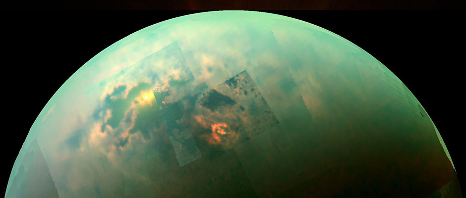 Flashes of sunlight reflecting off a sea of liquid hydrocarbon on Titan, glimpsed by Cassini through Titan's thick layers of atmospheric haze.  NASA/JPL-Caltech/University of Arizona/University of Idaho