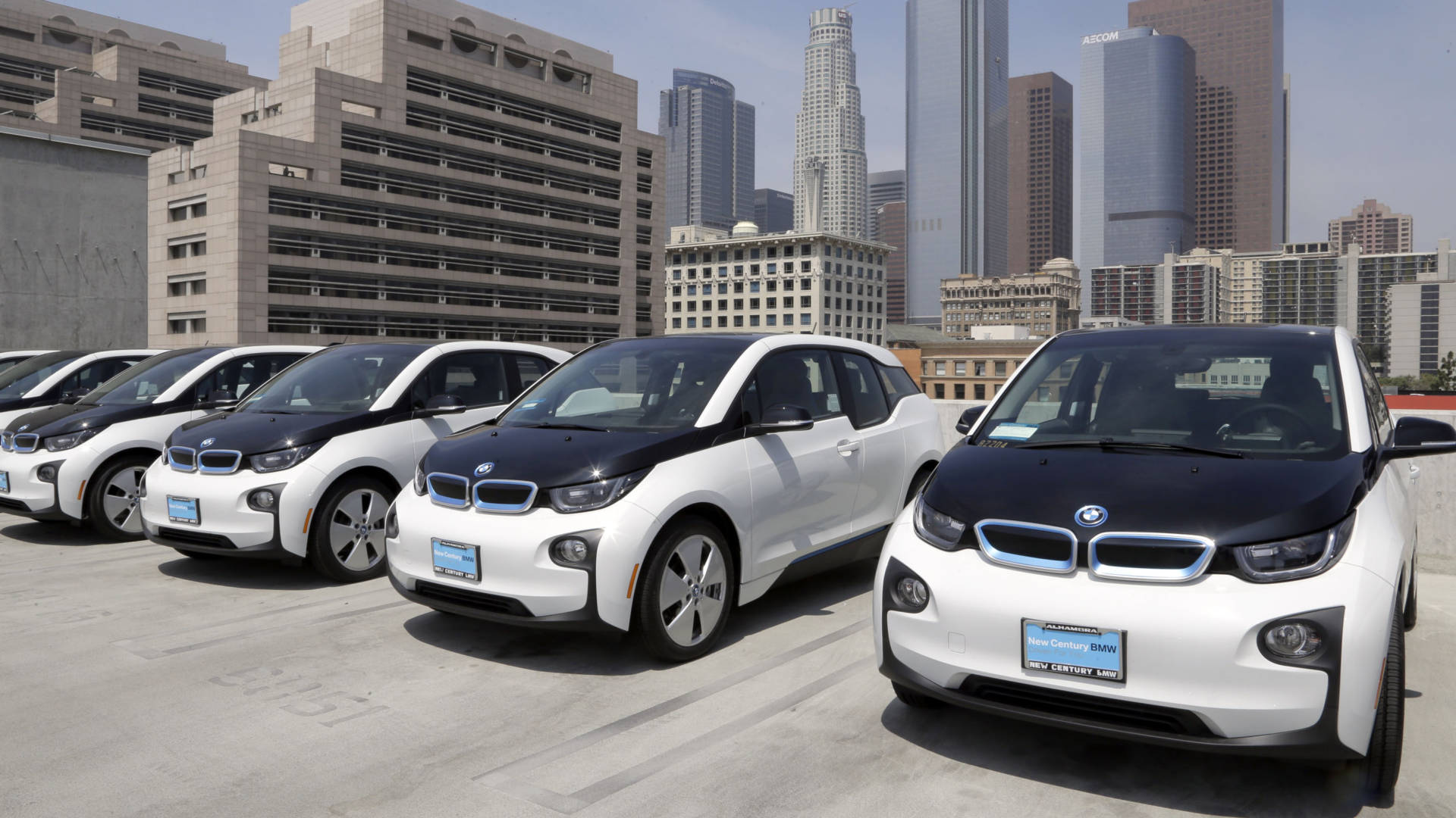 Electric cars are parked at the Los Angeles Police Department in 2016. 