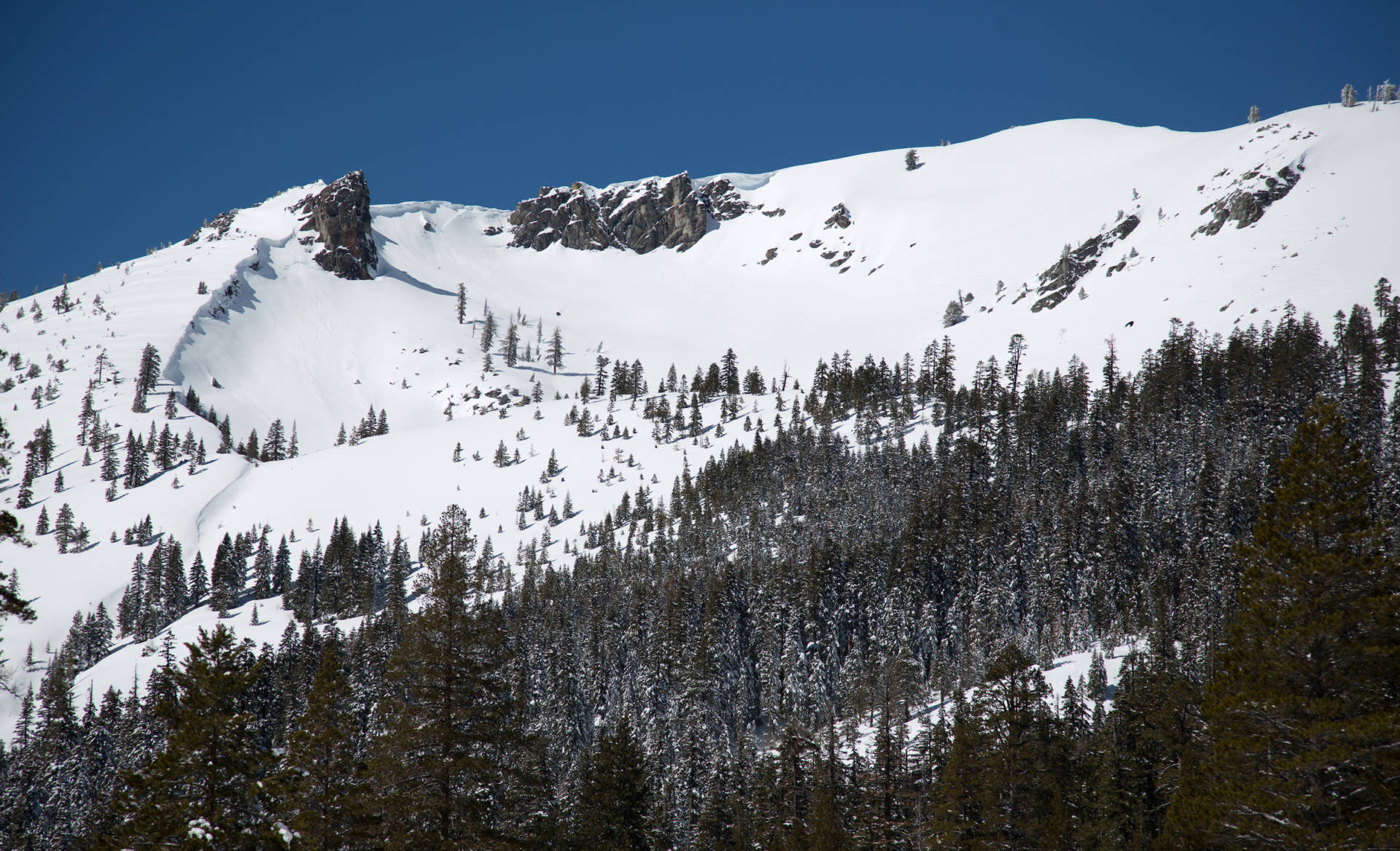 A snow-covered Sierra Nevada mountain peak to the northwest of Phillips Station snow course near Lake Tahoe. Dale Kolke/California Department of Water Resources