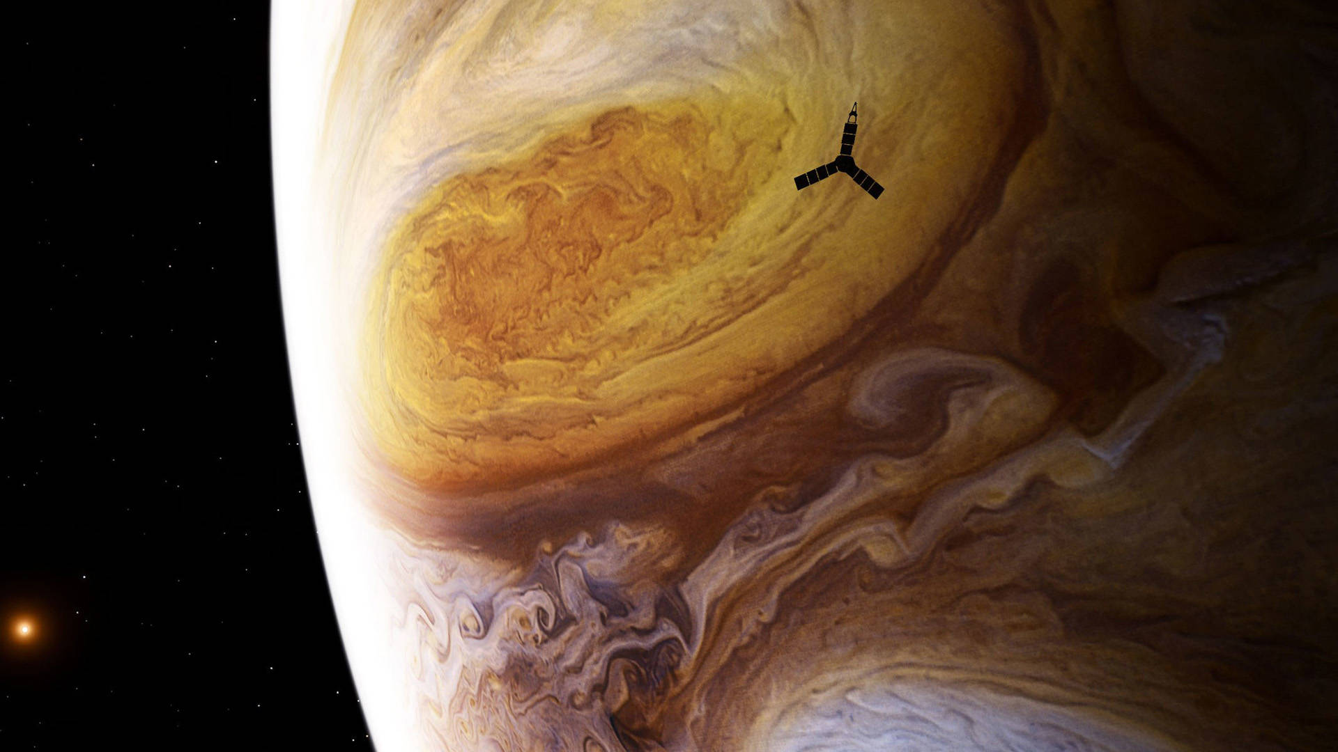 Depiction of NASA's Juno spacecraft during its close encounter with Jupiter's famous Great Red Spot.  NASA/JPL/Björn Jónsson/Seán Doran