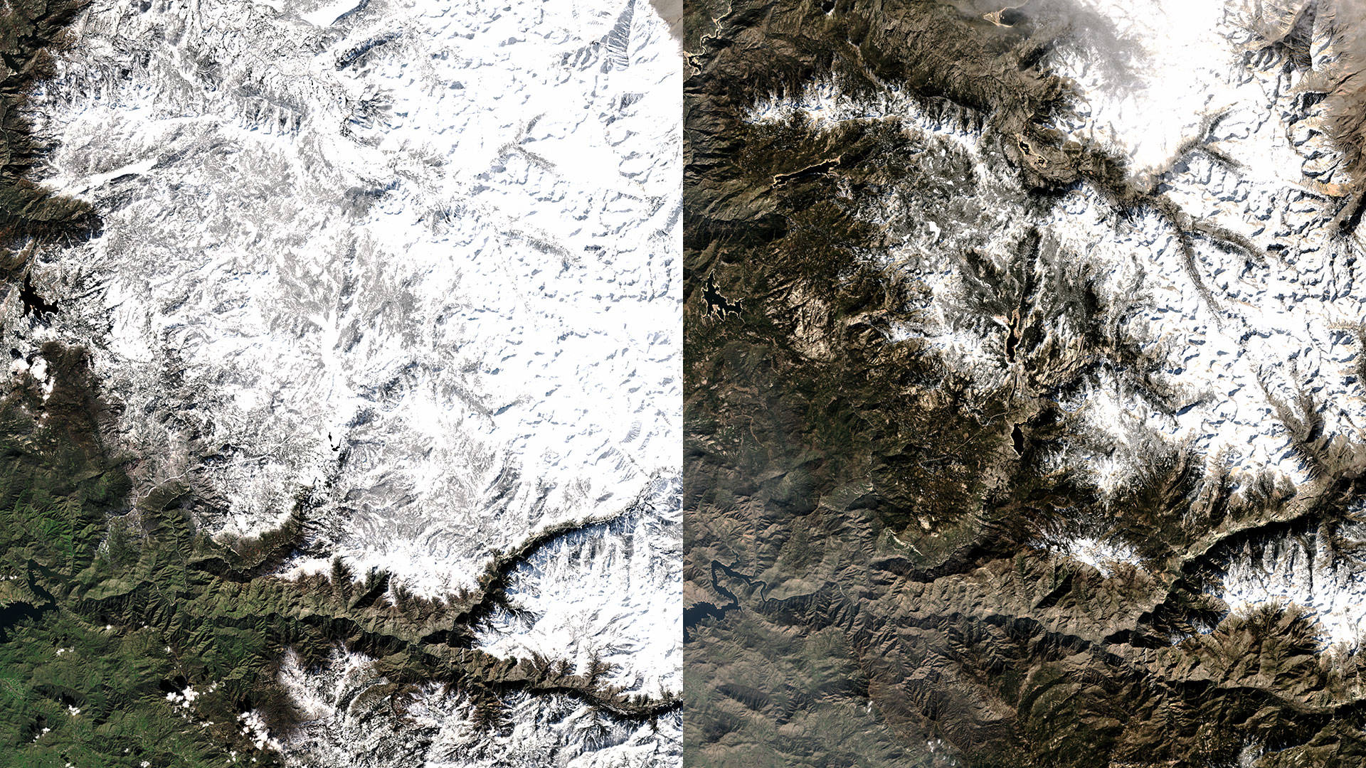 A satellite view of Mono Hot Springs February 12, 2017 (left) and February 11, 2018 (right).  Teodros Hailye/Image by Planet Labs