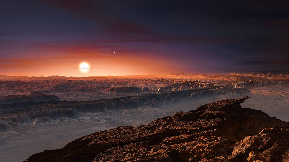 This artist’s impression shows a view of the surface of the planet Proxima b orbiting the red dwarf star Proxima Centauri, the closest star to the Solar System. The double star Alpha Centauri AB also appears in the image to the upper-right of Proxima itself. Proxima b is a little more massive than the Earth and orbits in the habitable zone around Proxima Centauri, where the temperature is suitable for liquid water to exist on its surface. M. Kornmesser/ESO