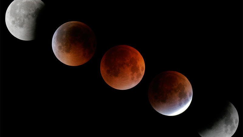 Sequence of pictures showing the progression of the August 28 2007 Total Lunar Eclipse, from Full Moon to Partial Eclipse to Total Eclipse, and back to Full.  Conrad Jung