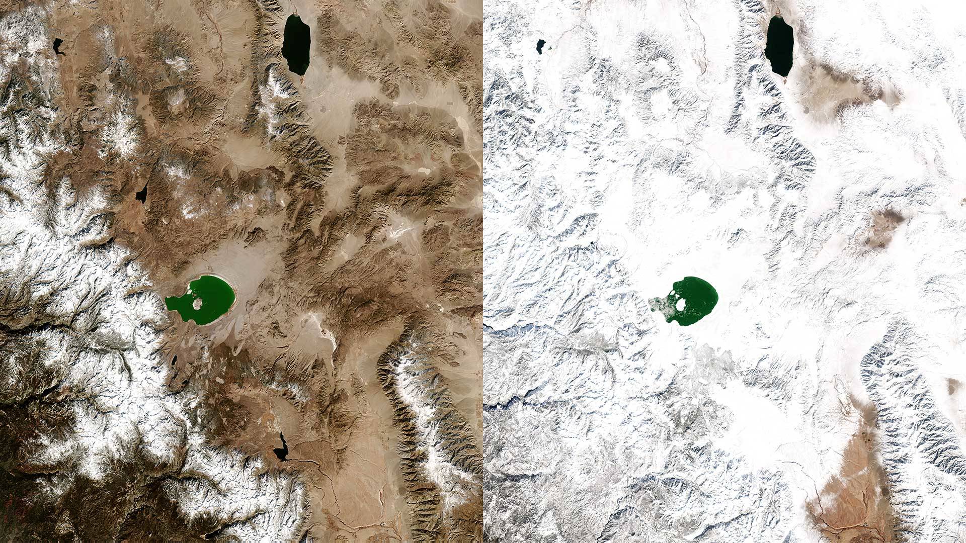 Satellite view of the Sierra Nevada and western Nevada from Yosemite National Park, at lower left, to Walker Lake, at the top of the images toward the right. The 'before' image was taken Feb. 16, 2018; the 'after' image on Feb. 11, 2019. Planet