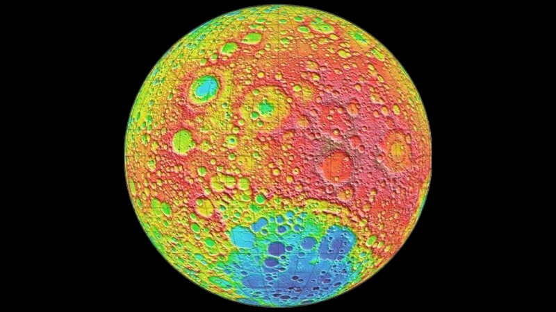 False-colored surface altitude map of the moon's far side, produced by the LOLA instrument on board NASA's Lunar Reconnaissance Orbiter. Red shows the highest elevations and blue the lowest. The large blue-colored lowlands at the bottom is the enormous South Pole-Aitken Basin, the impact crater that China's Chang'e 4 lander is currently exploring.   NASA/GSFC/MIT