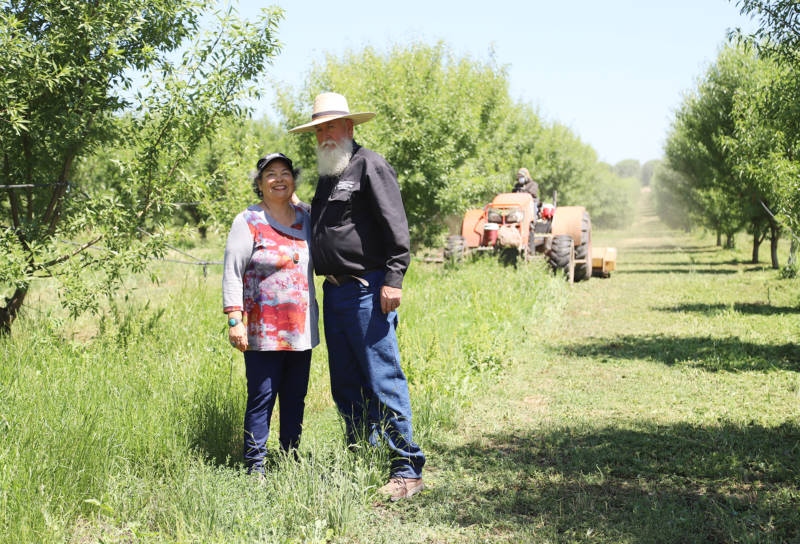 Rosie and Ward Burroughs, of Burroughs Family Farms in Denair, stand in the cover crops in their organic almond orchard. The cover crops will soon be mowed down in preparation for the harvest. These plants and grasses under the almond grove bring a variety of microbes to the soil, which enhances the health of the soil and growth of the trees. 