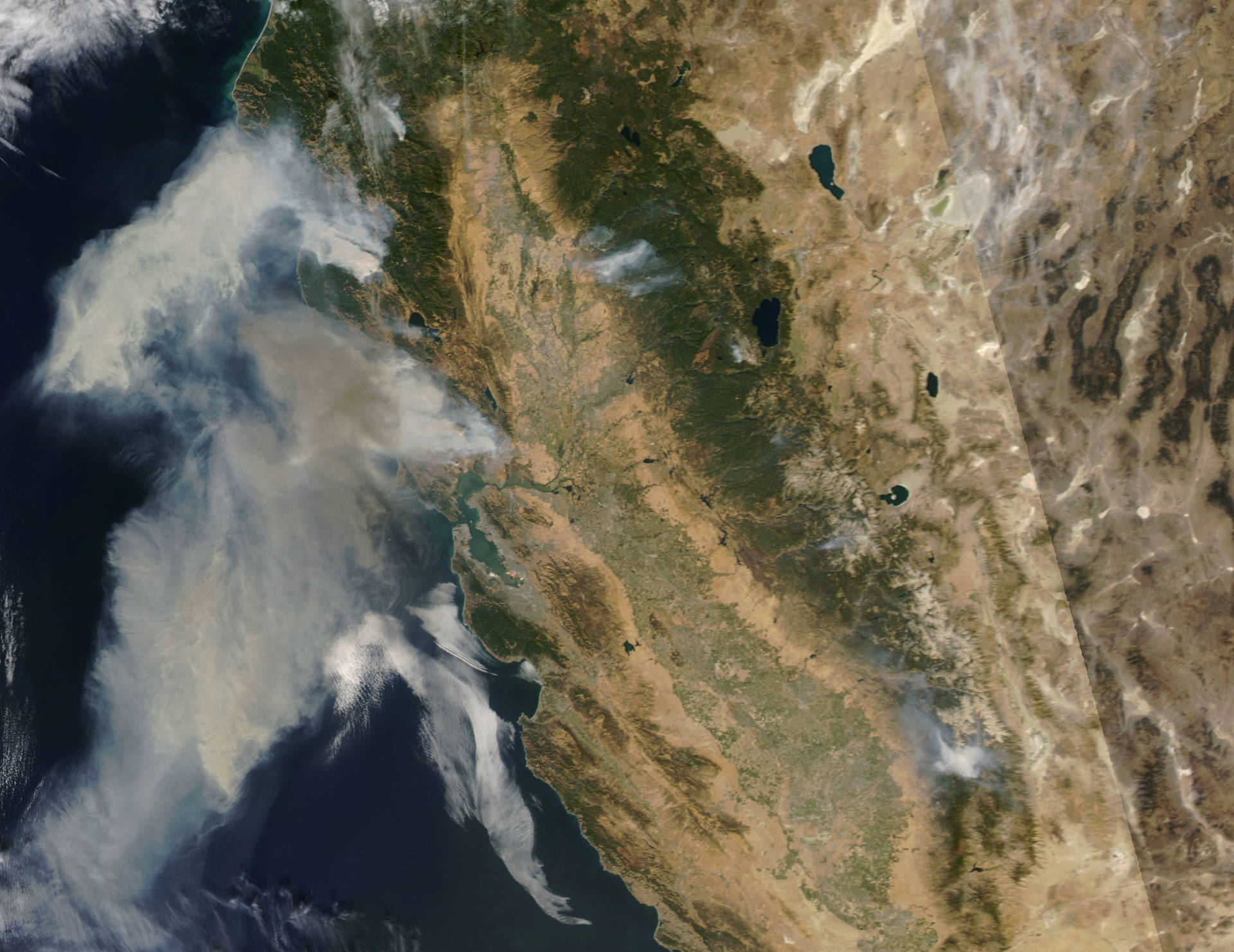 Diablo winds are driven by atmospheric high-pressure systems over the Great Basin. Here, the smoke from the October 2017 North Bay fires as captured by a NASA satellite. 