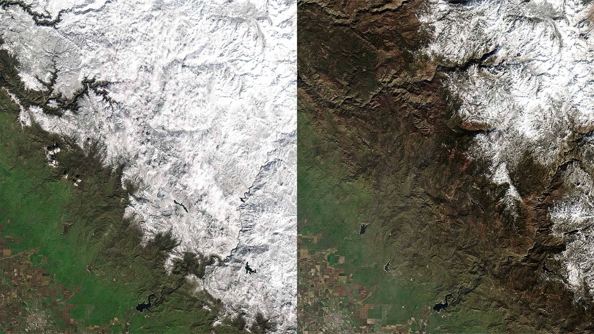 Satellite view of Yosemite Valley. The 'before' image was taken Feb. 6, 2019; the 'after' image on Feb. 1, 2020. Planet