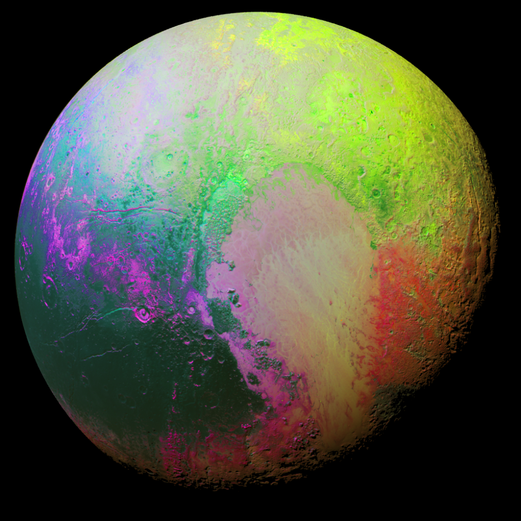 Pluto appears psychedelic in this false color image, made using a technique to highlight subtle color differences between Pluto's regions.  NASA/JHUAPL/SwRI