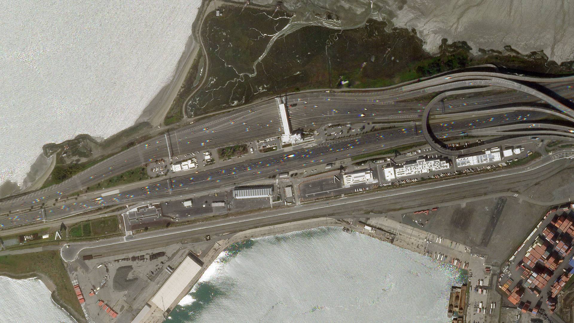 Satellite view of the westbound toll booths on the San Francisco Bay Bridge Mar. 16, 2020, 1:00 p.m. (Planet)