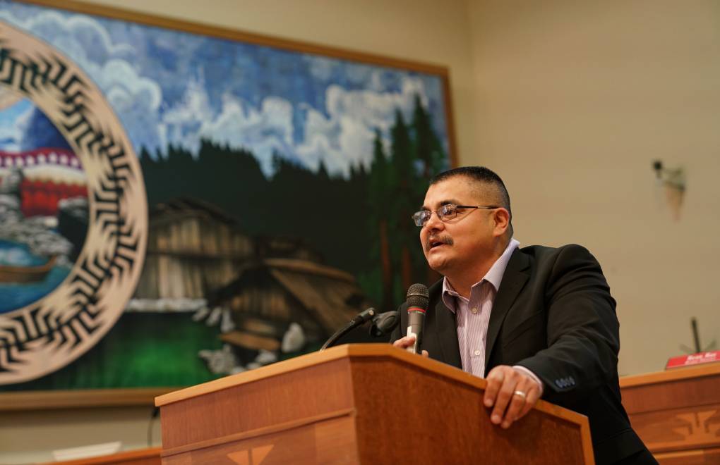 Yurok Chairman Joseph James at an in-person Tribal Council meeting, which took place before the pandemic began. Tribal Council meetings are now virtual.