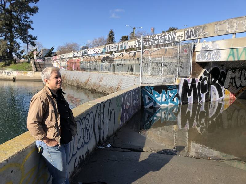 Kristina Hill at the underpass beneath 7th and E 8th streets in Oakland on Jan 11, 2020. The underpass flooded several inches due to King Tides, the highest high tides of the year. These instances offer a window into how and where flooding will happen as sea levels rise.