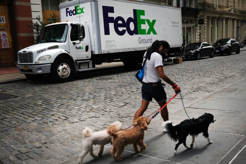 A young woman with black hair in a ponytail walks three fluffy dogs on the sidewalk, across a cobbled street from a large FedEx truck. The photo is from New York City, September, 2020. The move from retail stores to online shopping has only grown during the COVID-19 pandemic, when many physical stores have closed.