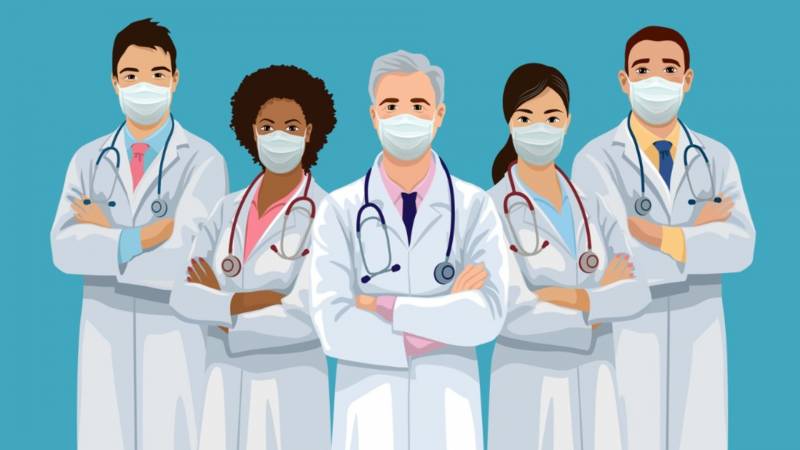 an illustration of a group of doctors with face masks standing with their arms crossed, looking forward