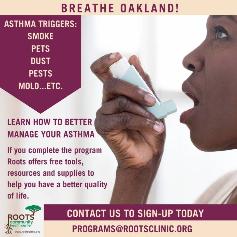 A Roots Community Health Program flyer advertises a program in which it partners with the Bay Area Air Quality Management District. One aspect of this program involves receiving a free air purifier for your home.