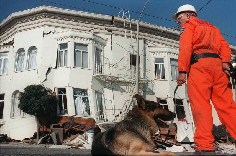 A rescuer in an orange jumpsuit with a dog looks at a collapsed house.