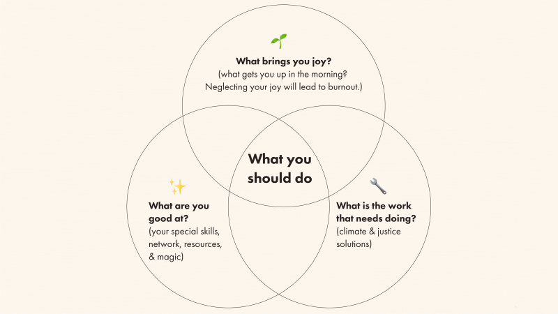 Top circle of Venn diagram says "what brings you joy?" A circle on the left says "What are you good at?" The final circle on the right says "What is the work that needs doing?" Where the three circles overlap is a space named: "What you should do."