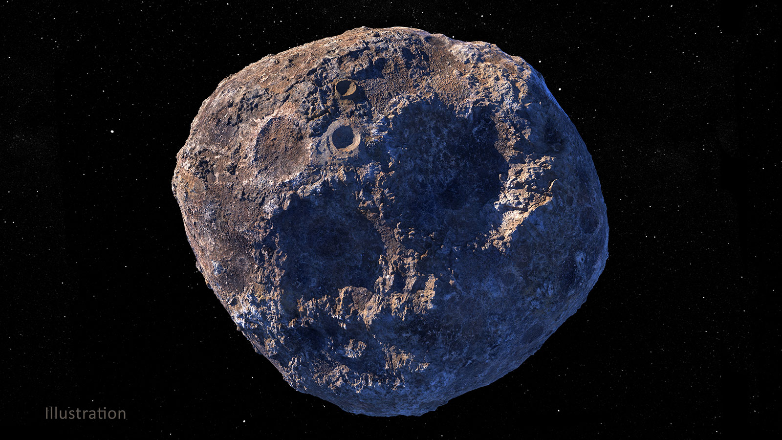 A rough, cratered gray asteroid floats against the black backdrop of space. 