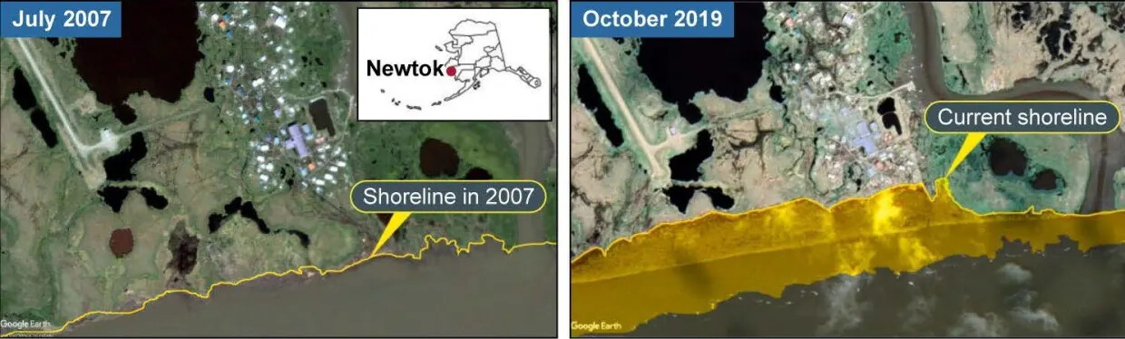 Side-by-side images compare shorelines from 2007 and 2019, with the later shoreline eroded away. 