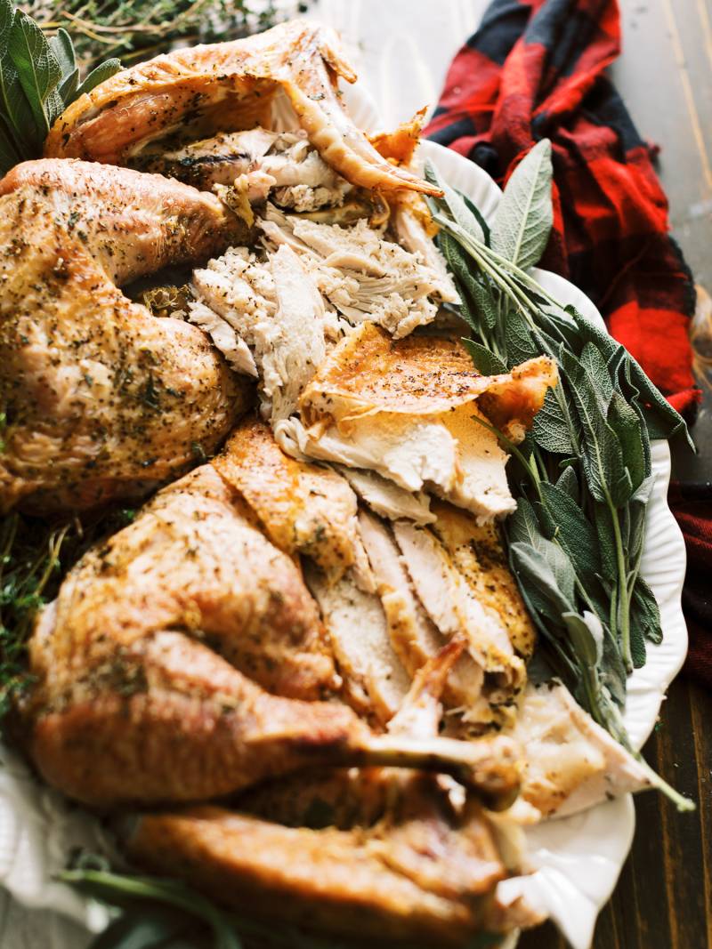 Spatchcocked turkey, roasted to the right temperature, results in properly cooked thighs and tender breasts.
