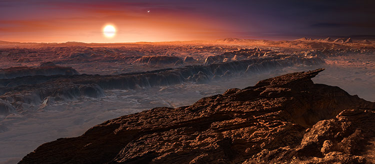 An artist’s impression shows a view of the surface of the planet Proxima b orbiting the red dwarf star Proxima Centauri, the closest star to the solar system.  ESO/M.-Kornmesser/UNIGE