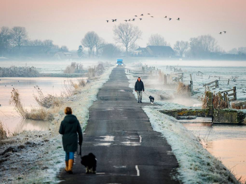 People walk their dogs along a narrow road as the first winter frost blankets the fields.