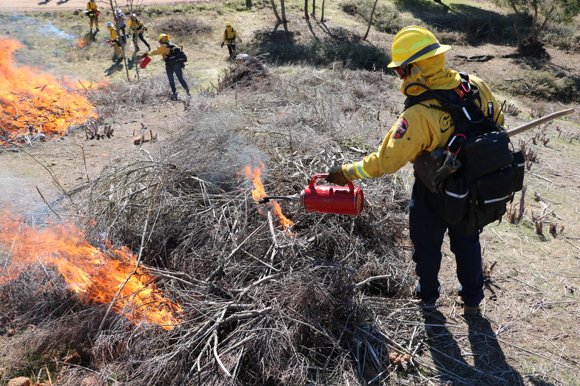 A firefighter in a yellow uniform drips flame from a torch onto a pile of brush. 
