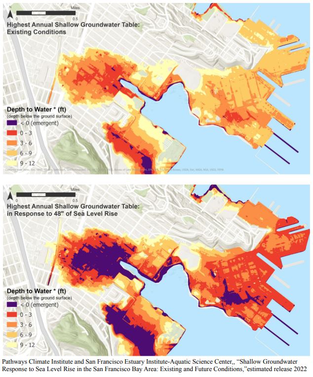 Two maps of the San Francisco neighborhood of Bayview-Hunters Point side by side. One shows where current groundwater is at and the other shows where groundwater will move to with four feet of sea level rise. The darker the color the closer to the surface the groudnwater is.