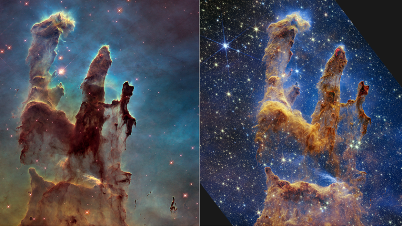 The left picture shows the Pillars of Creation as shot by the Hubble Space Telescope in 1995. The right picture shows the landscape as shot by the James Webb telescope in 2022.