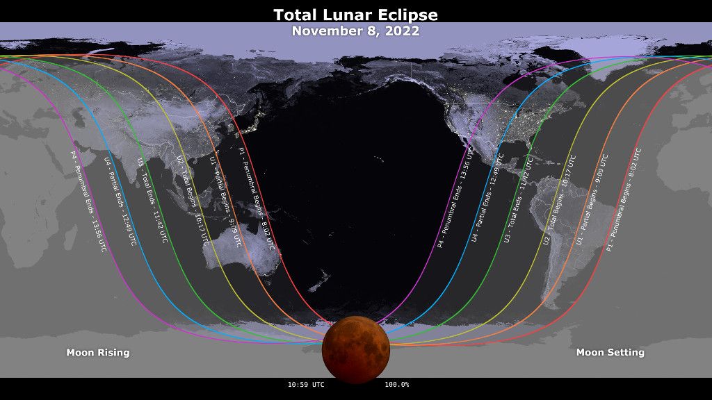 A map of the world in the background. A red moon in the center foreground with purple, blue, green yellow, orange and red lines extending across the image.
