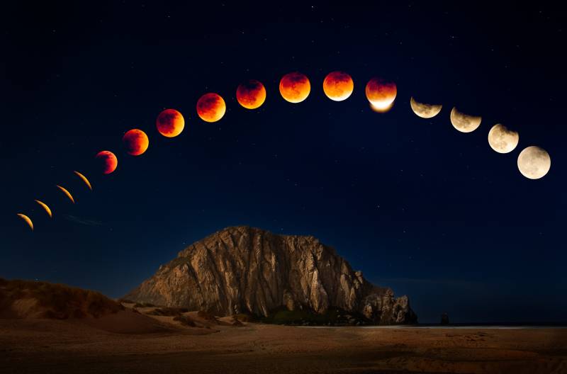 A rainbow of shaded and unshaded moons, red and white, above a jagged rock set against a black night sky.